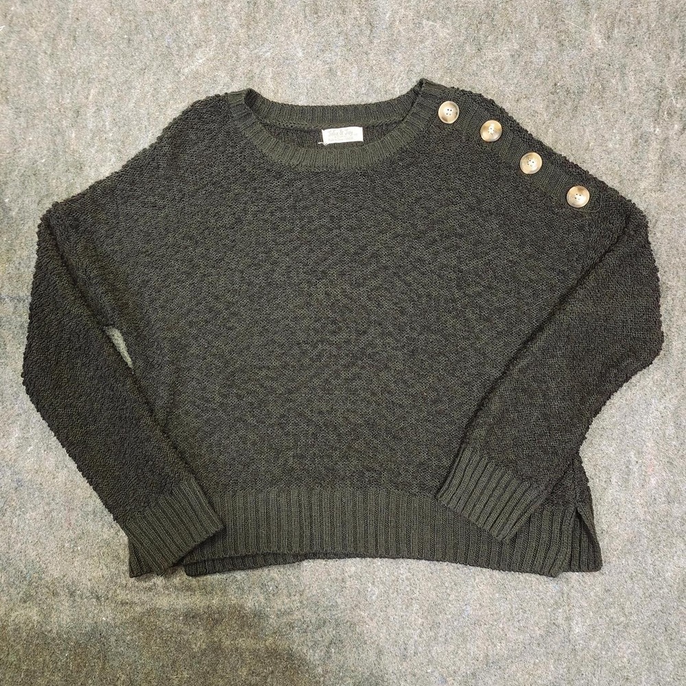 Jolie & Joy Olive Green Textured Popcorn Knit Button Shoulder Sweater Large
